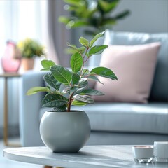 Wall Mural - Money wood plant in modern gray pot on table, light gray sofa in living room and pink vase in background.