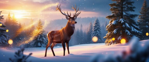 Winter landscape, snowy forest, majestic reindeer, antlers, pine trees, golden sunlight, misty atmosphere, dramatic sky, sunset glow, pristine snow, frozen lake, serene nature scene, photorealistic, c