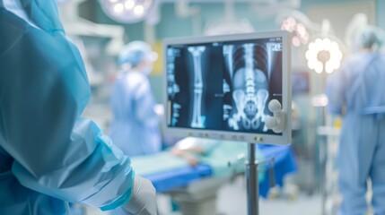 Aufkleber - A detailed view of an orthopedic surgeon examining an X-ray image of a patient‘s bone with focus on the X-ray screen and surgical tools, set against a clean, well-organized operating room