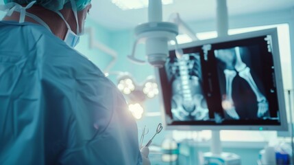 Aufkleber - A detailed view of an orthopedic surgeon examining an X-ray image of a patient��s bone with focus on the X-ray screen and surgical tools, set against a clean, well-organized operating room