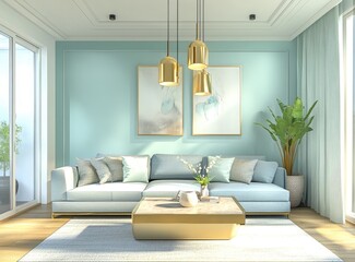 Modern interior design with a blue wall, a sofa, and a coffee table in a light wood color, a golden pendant lamp on the left side of the room, and a green plant pot for decoration. Minimalist home dec