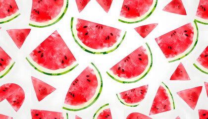 Wall Mural - Watercolor seamless pattern with slices of watermelon isolated with white highlights, png
