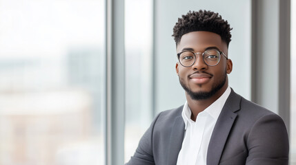 confident young man in stylish suit and glasses sits by large window, exuding professionalism and poise in modern office environment.