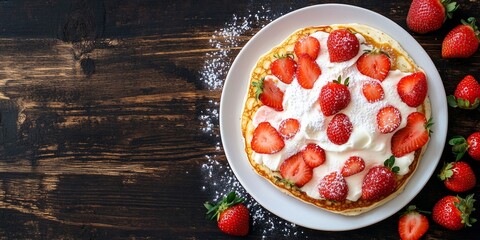 Wall Mural - Delicious strawberry dessert presented on a white plate. Fresh strawberries and whipped cream create a fresh look. Perfect for sharing at gatherings or celebrations. AI