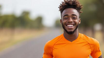 young man in orange athletic shirt smiles confidently while jogging on road surrounded by greenery, radiating joy and energy.