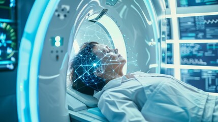 Aufkleber - A dynamic image of a patient receiving an MRI scan with advanced imaging equipment in view, set against a high-tech, futuristic background
