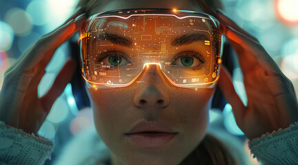 Poster - Woman in a digital festival with holograms and augmented reality experiences, highlighting innovation and creativity.