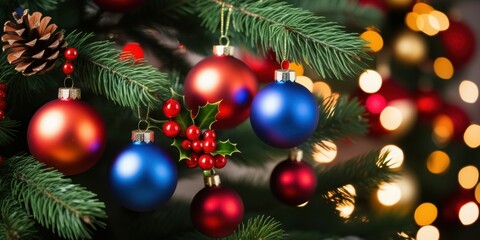 Christmas ornaments, pine branches, pinecones, red and blue baubles, bokeh lights, wooden surface, festive decorations, holiday atmosphere, macro photography, soft focus, warm tones, cozy ambiance, tr