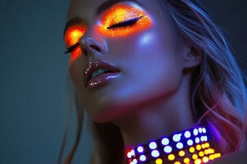 Portrait of a model with glowing makeup and accessories, showcasing modern fashion and beauty in vibrant colors.