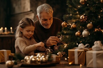 Wall Mural - A touching scene of a grandfather and granddaughter decorating a Christmas tree with lights and ornaments, creating a warm and festive atmosphere filled with love and joy