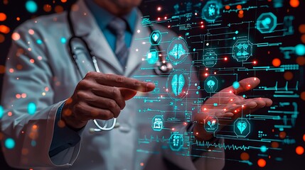 Wall Mural - A close-up of a doctor using a holographic interface to analyze patient data, modern medical technology, glowing holograms