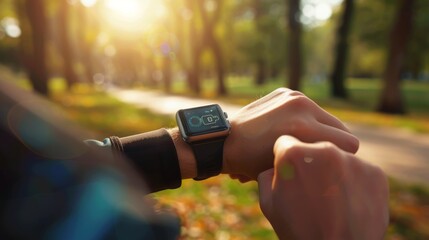 Wall Mural - A dynamic scene of a person using a health app on a smartwatch to track fitness metrics, with focus on the smartwatch and its display, set against a bright