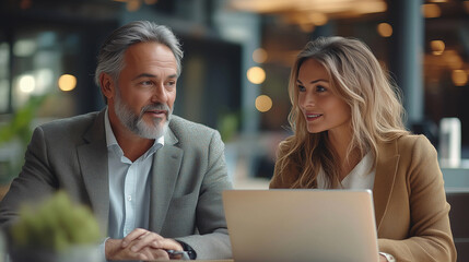 Real estate consultation in a modern office setting with two professionals discussing property options