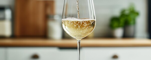 Stream of white wine hitting the glass, bubbles rising, clean kitchen background, natural light