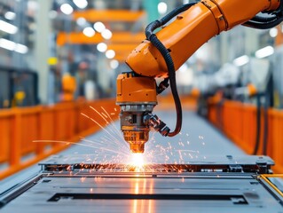 Robotic Arm Welding Sparks in Manufacturing Environment