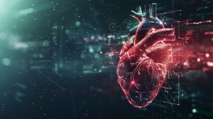 Leinwandbilder - A dynamic visualization of a heart with animated digital elements representing vital signs, set against a dark, high-tech background