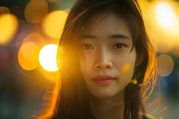 A young woman is captured in warm golden light, her face reflecting calmness and depth, surrounded by a beautiful bokeh effect that gives a serene ambiance.