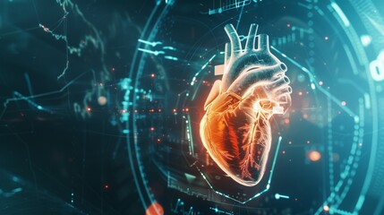 Leinwandbilder - A dynamic visualization of a heart with animated digital elements representing vital signs, set against a dark, high-tech background
