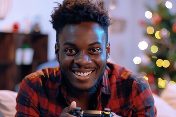 A cheerful young man with a beaming smile holding a gaming controller, expressing excitement and the joy of gaming, brightly captured in a festive indoor setting.