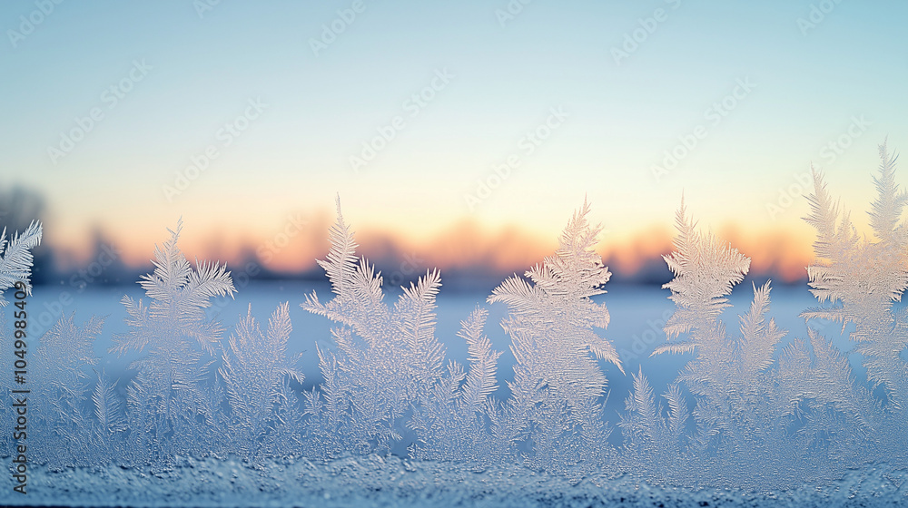 Delicate frost patterns resembling icy ferns form on a window, with the ...