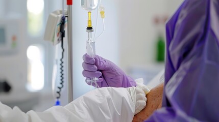 Leinwandbilder - A healthcare professional administering an intravenous infusion to a patient in a hospital room against a clean white background, macro shot, Minimalist style