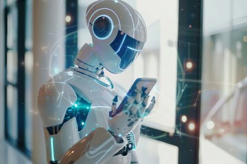 A high-tech robot with sleek design engages with a digital tablet, embodying innovation, futuristic technology, and artificial intelligence in a bright environment.