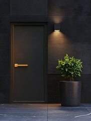 Black door with a gold handle is lit up by two lights. A potted plant is next to the door