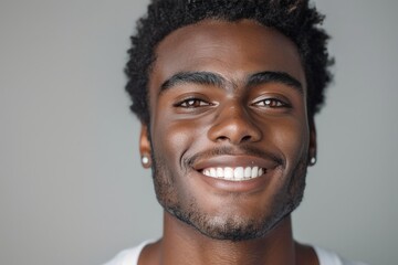 Close-up of a young man with ear piercings, featuring a vibrant smile. He has curly hair and is set against a plain light background, exuding happiness and charm.