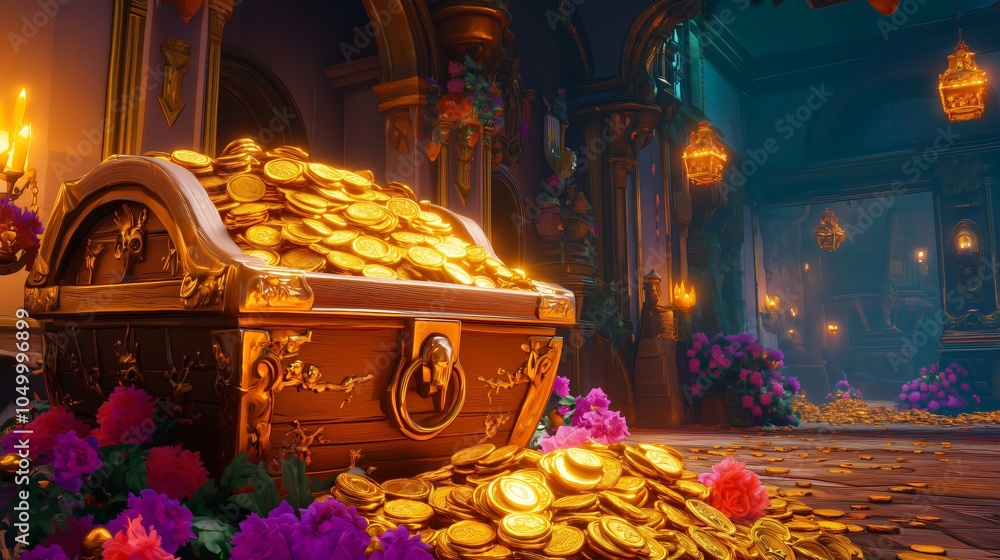 Wooden treasure chest overflowing with gold coins in a palace Stock ...