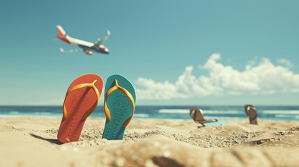 Vibrant flip flops on sandy beach under clear blue sky with airplane flying above in summer bliss