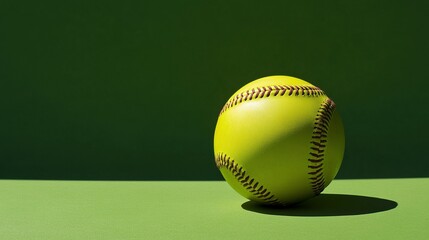 A minimalist image of a softball isolated against a solid green background. The bright yellow color and stitching of the ball create a striking contrast, emphasizing its round shape and simplicity.