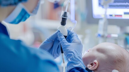 Aufkleber - A healthcare worker conducting a hearing screening test on a newborn baby in a maternity ward, with gentle lighting and newborn care equipment in the background, macro shot