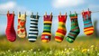 © pkproject - Vibrant and Patterned Socks Hanging on a Clothesline in a Grassy Outdoor Setting