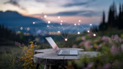 laptop on rustic table with digital network overlay in nature