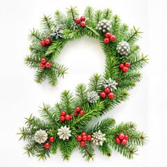 Christmas Number 2 Decorated with Pine and Berries for Festive Crafts, Greeting Cards, and Holiday Decor