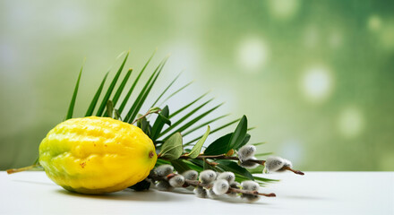 Wall Mural - Lemon on green background with plant leaves and buds showcasing fresh fruit and nature's beauty