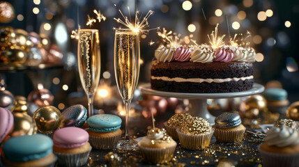 A close-up of a festive New Year's Eve dessert table