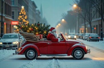 Santa Claus is carrying gifts in a red car. Red car with Christmas gifts and tree	