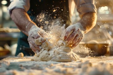 This image captures a person vigorously kneading dough, with flour erupting into the air, illustrating the enthusiasm and precision of baking in an artistic environment.