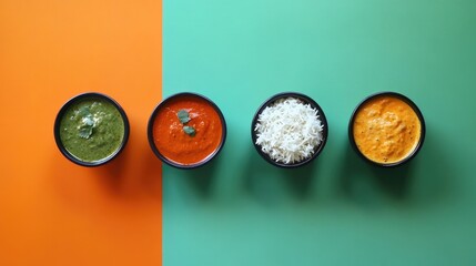 Wall Mural - Colorful Indian Cuisine with Rice and Sauces