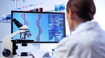 Scientist meticulously analyzing genetic data on a computer screen, symbolizing the pursuit of scientific discovery and understanding of life's complexities.