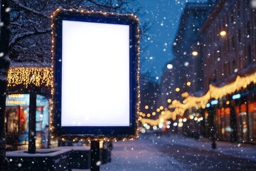 Blank white mock up vertical billboard street poster on a Christmas illumination city background