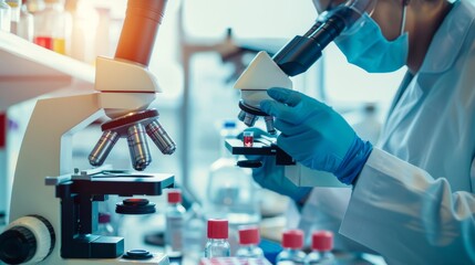 Leinwandbilder - A macro shot of a medical lab technician analyzing a blood sample under a microscope, set against a clean laboratory background with bright lighting, macro shot