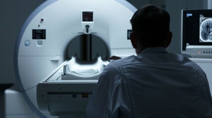 Leinwandbilder - A macro shot of a medical professional reviewing an MRI scan on a high-resolution monitor, set in a high-tech radiology lab, close-up shot