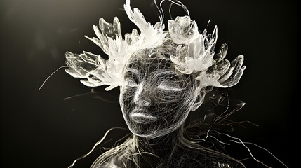 wire face sculpture with floral crown on dark background