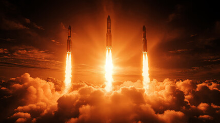 Wall Mural -  Multiple rockets launch from the Earth planet 