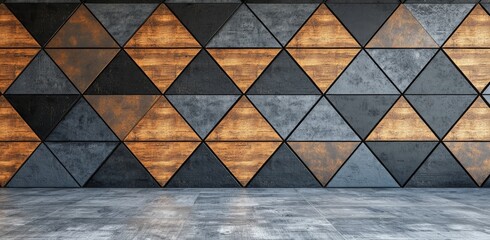 A 3D wooden pattern panel with a wooden background for the wall. Polygonal shapes with wood texture. Background with abstract low polygons.