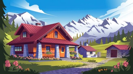 Wall Mural - Charming mountain cottage surrounded by flowers and trees.