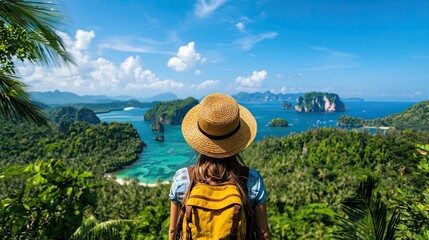 Wall Mural - traveler gazing at a stunning tropical landscape with blue waters and lush greenery.