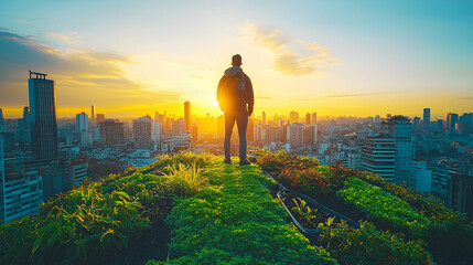 Man on Rooftop Garden Overlooking City Skyline at Sunset, urban gardening, cityscape, sunrise, golden hour, person